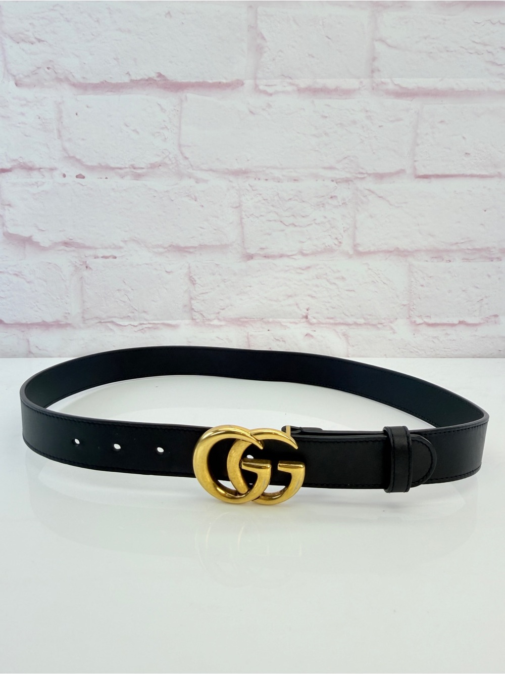 Gucci Slim Leather Marmont Gg Double  Belt Black 80/32” 414516